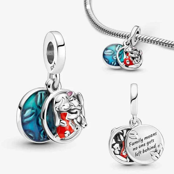 Disney, Lilo & Stitch Family Dangle Charm - Front view of a Lilo and Stitch-themed silver charm with a blue enamel background and a depiction of Lilo hugging Stitch