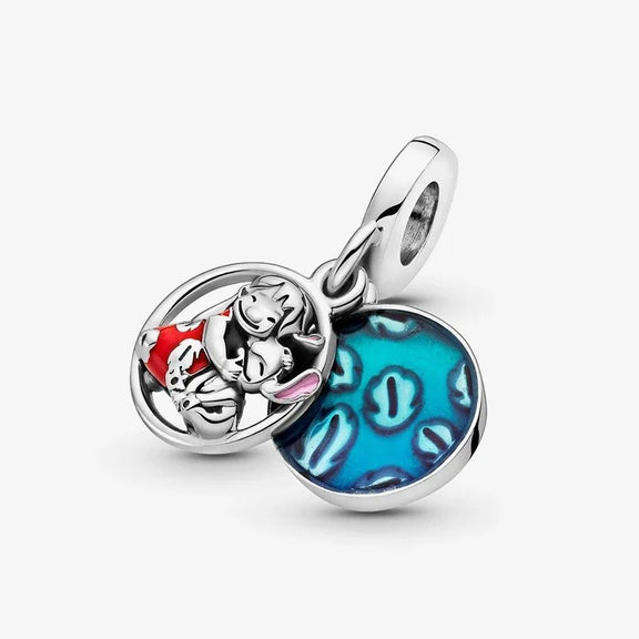 Disney, Lilo & Stitch Family Dangle Charm - Top view of a Lilo and Stitch silver charm, showing the loop engraved with 'S925' for attaching to a bracelet.