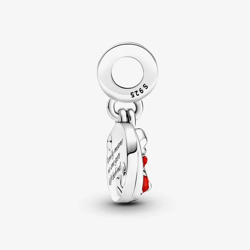 Side view of a Lilo and Stitch silver charm featuring Lilo hugging Stitch, with blue enamel on the opposite side.