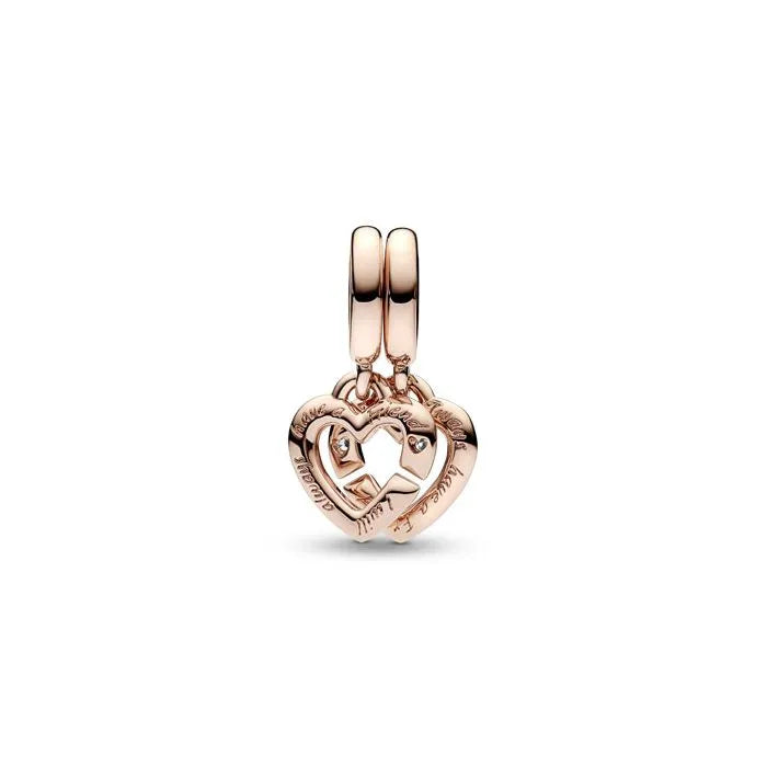 Linked Sister Hearts Split Dangle Charm Pandora Rose - Splittable sister hearts charm in Pandora Rose, ideal for sharing.