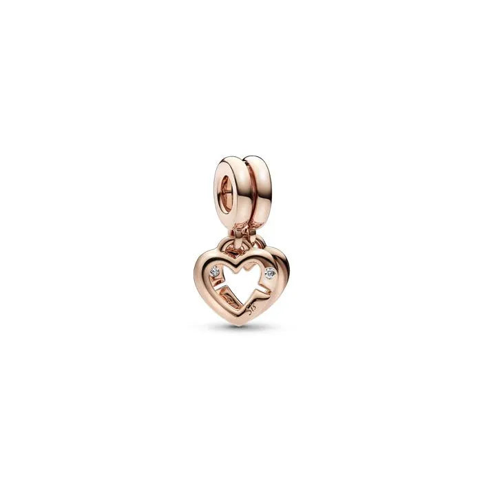 Linked Sister Hearts Split Dangle Charm Pandora Rose - Split dangle heart charm for sisters, celebrating sibling bonds.