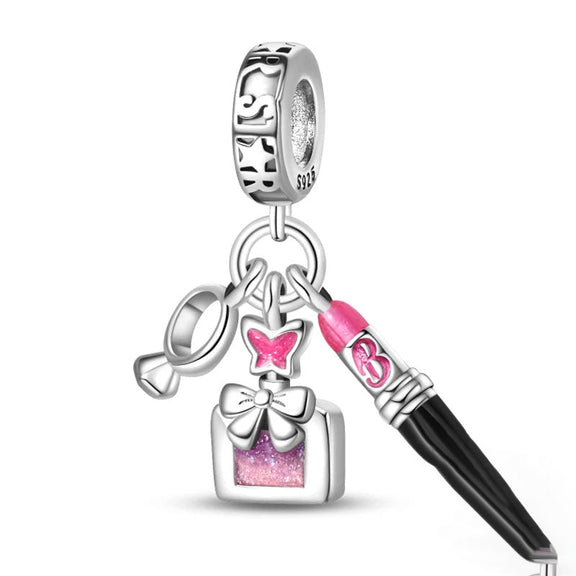 Stylish Lipstick and Bow Charm with Pink Glitter Enamel Finish - Lipstick bow charm with pink glitter enamel, perfect for makeup enthusiasts.