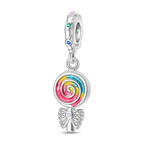 Sterling Silver Lollipop Charm with Multi-colored Enamel - A sterling silver lollipop charm with multi-colored enamel and a sparkling bow, perfect for adding a playful touch to jewelry.