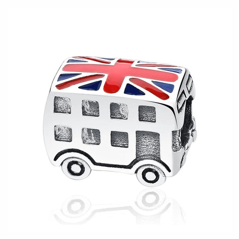 London Double Decker Bus Enamel Charm - Silver-tone double decker bus charm with red and blue Union Jack enamel on the roof and carved window details on the body