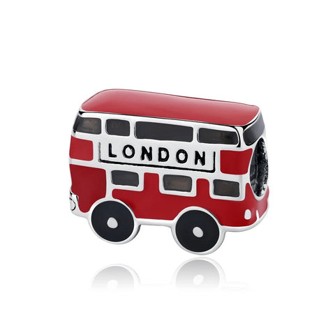 London Double-Decker Red Bus Enamel Charm - A silver-tone clip-on charm shaped like a red London double-decker bus with black enamel windows and wheels, featuring the word LONDON across the middle