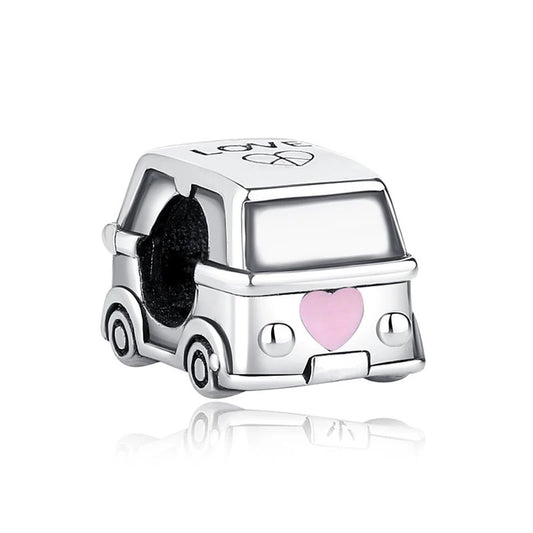 A silver-toned car-shaped clip-on charm with a pink enamel heart on the back and the word Love engraved on the rooftop, designed for charm bracelets