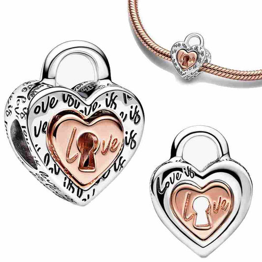 Heart-shaped love lock charm in rose gold with "Love" engraving, perfect for romantic jewelry collections.