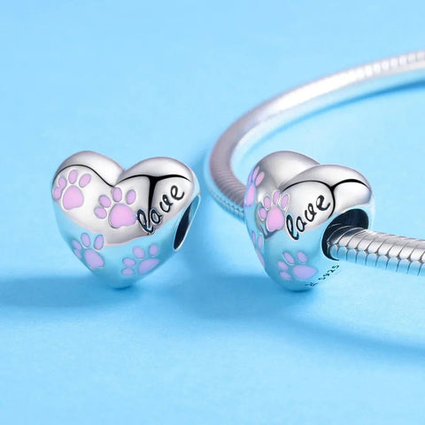 Love Pink Paw Prints Heart Charm - Love Pink Paw Prints Heart Charm