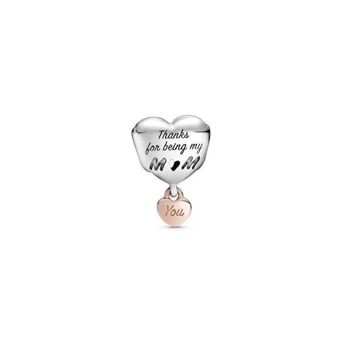 Love you mom heart charm in Pandora Rose, a sentimental choice for expressing love on bracelets