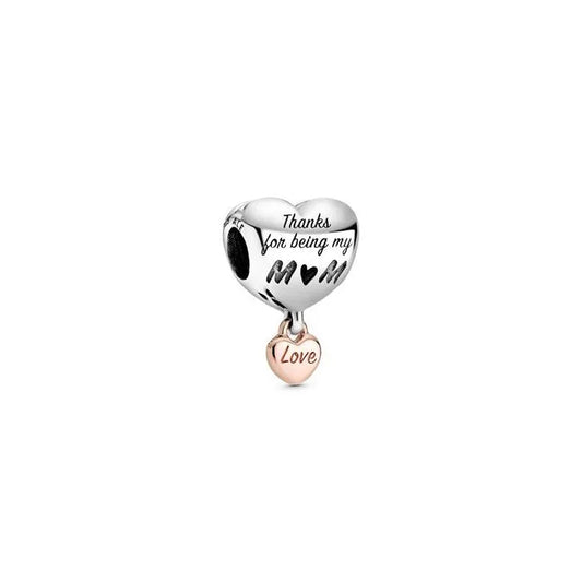 Mom heart charm with "Love You" design in Pandora Rose, adds warmth and affection to charm bracelets