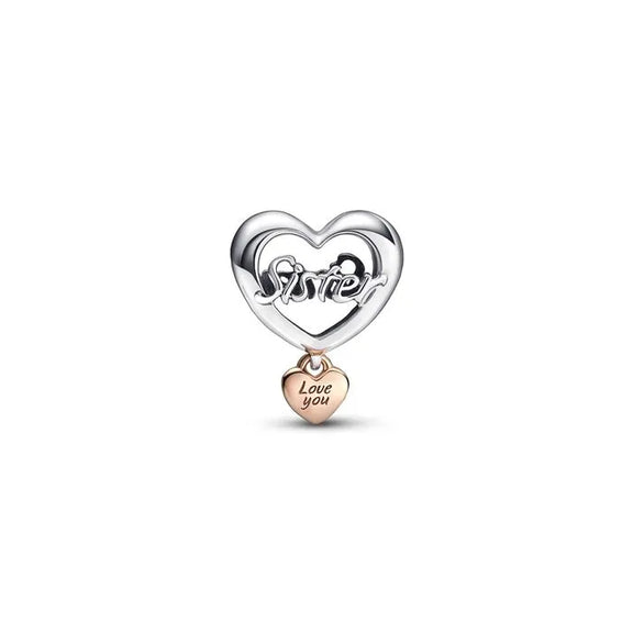 Love You Sister Heart Charm - Pandora Rose - Radiant heart with floating stone charm, a sparkling and elegant addition for charm bracelets