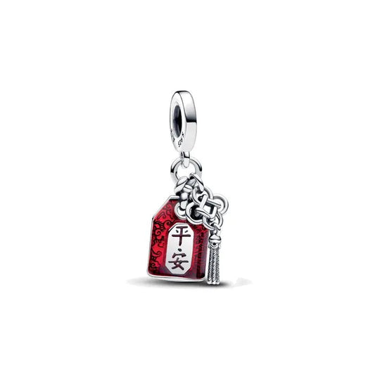 Double dangle amulet charm with lucky symbols, adding a meaningful touch to charm bracelets