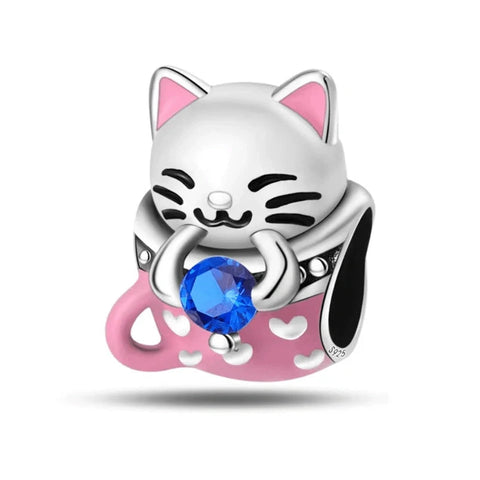 Lucky Cat Charm with Blue Gemstone
