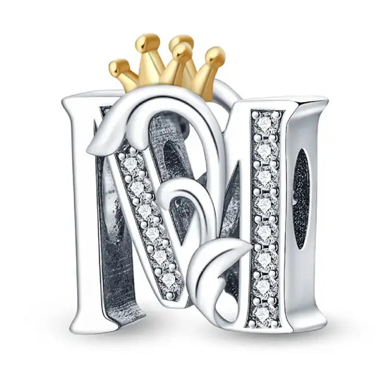 M Silver charm letter with gold Crown for pandora bracelets