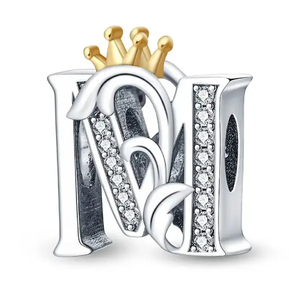 M Letter Gold Crown charm letter - M Silver charm letter with gold Crown for pandora bracelets