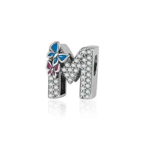 butterfly silver letter M charm - butterfly with Letter M Charm