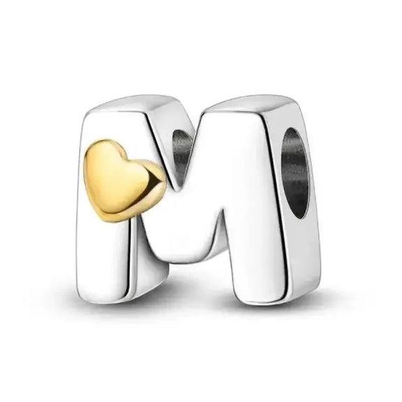 M Letter Gold Heart charm letter - M Silver charm letter with gold heart for pandora bracelets