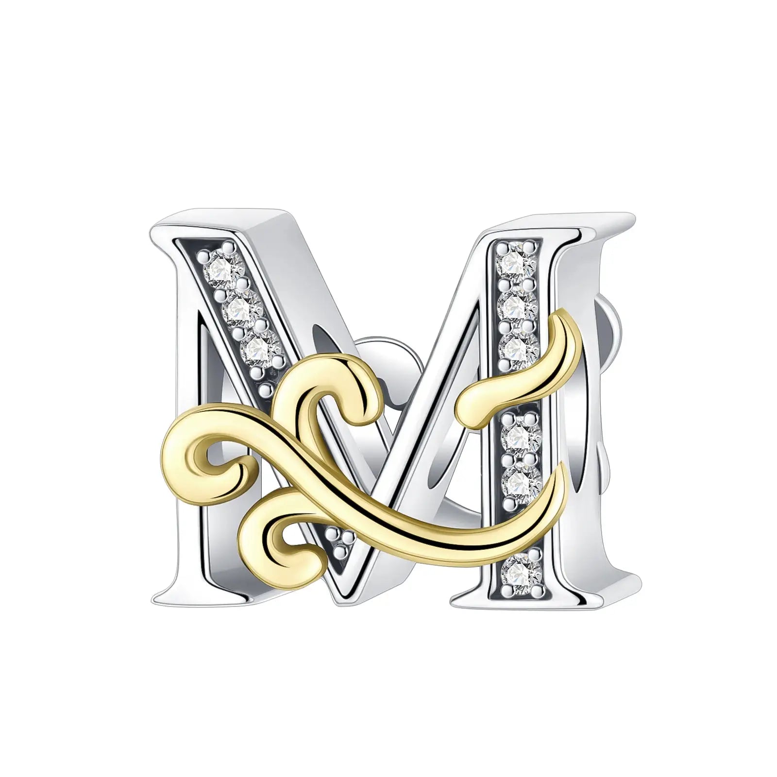 Gold and silver M Letter Charm for pandora bracelet