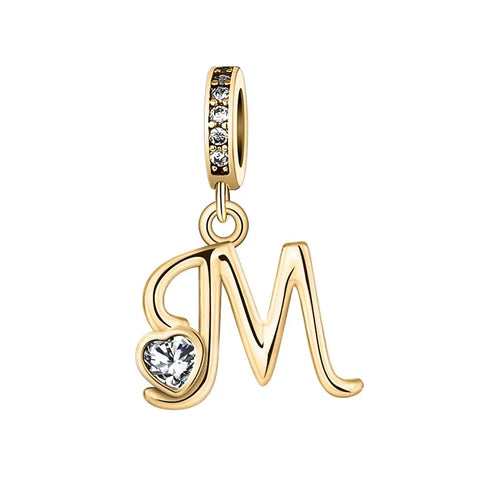 Gold M Letter Charm with pendant crystal Heart - Gold M Letter Charm with pendant crystal Heart
