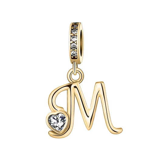 Gold M Letter Charm with pendant crystal Heart