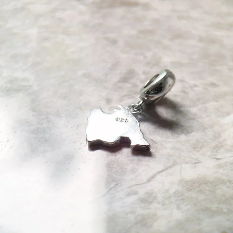 Silver map charm with a loop.