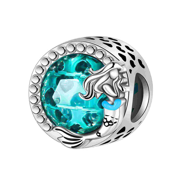 Shimmering Mermaid Charm with Ocean Blue Crystal Accent - Mermaid sterling silver charm with ocean blue crystal accent, designed for charm bracelets and necklaces.