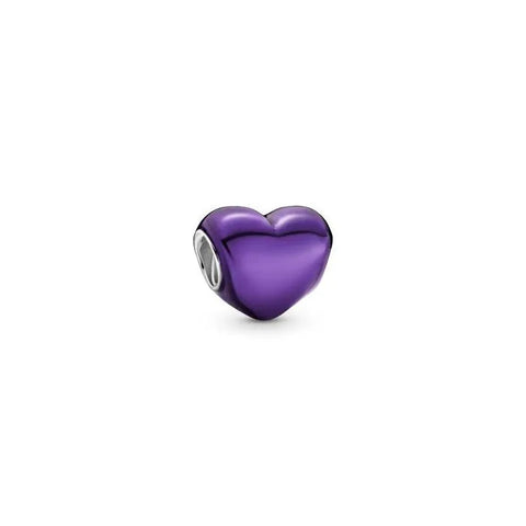 Glossy purple heart charm with metallic finish, a stylish and colorful addition for charm bracelets