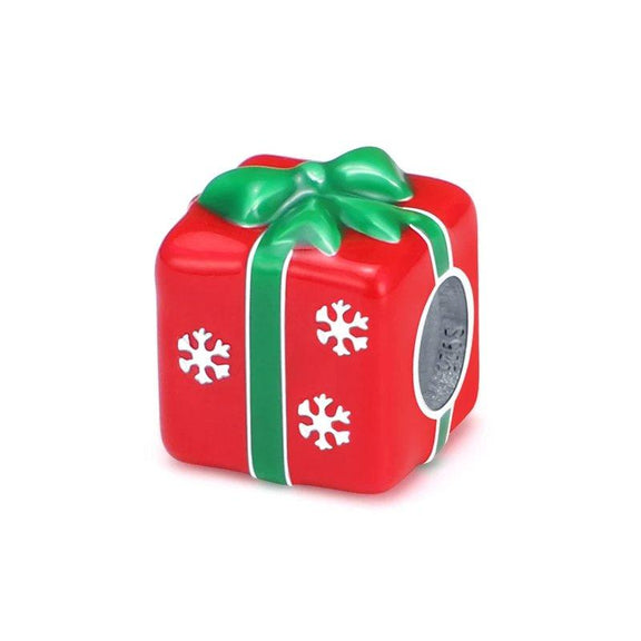 Sterling Silver Christmas Charm with Red Gift Box & Snowflakes - Sterling Silver Christmas Charm with Red Gift Box & Snowflakes - a red and green christian present box with a green bow - Pandora