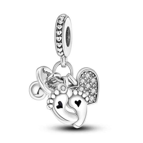Silver Baby Feet Heart Dangle Charm - Silver Baby Feet Heart Dangle Charm