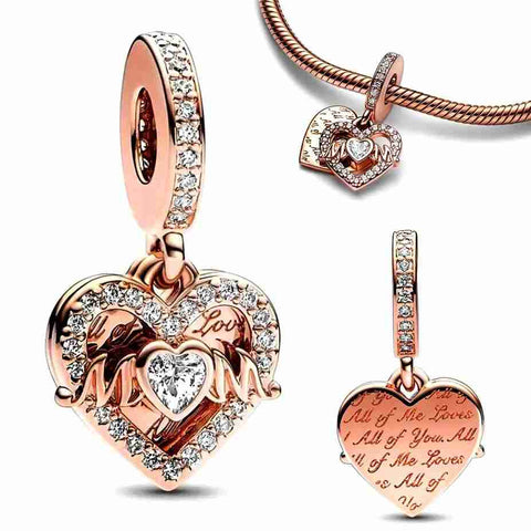Mom Heart Charm with Diamond Detailing and Love Engraving - A heart-shaped "Mom" charm with diamonds and intricate details.