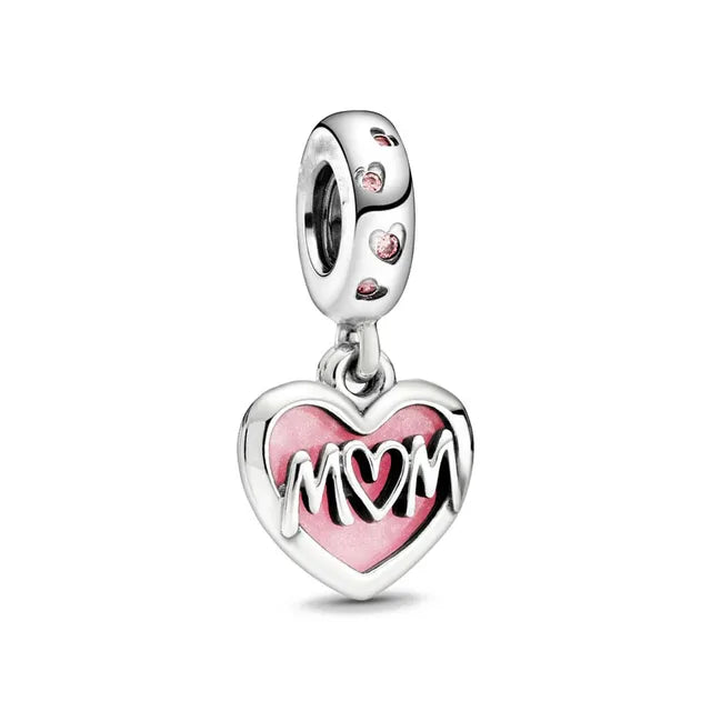 Mom heart charm with a unique script design, adding sentiment and style to charm bracelets