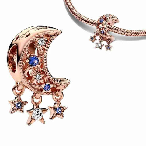 Moon and Stars Charm with Blue and CZ Accents - Rose gold moon and stars charm with CZ and blue accents