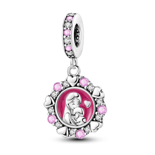 Heart-shaped mother and daughter charm with pink stones.