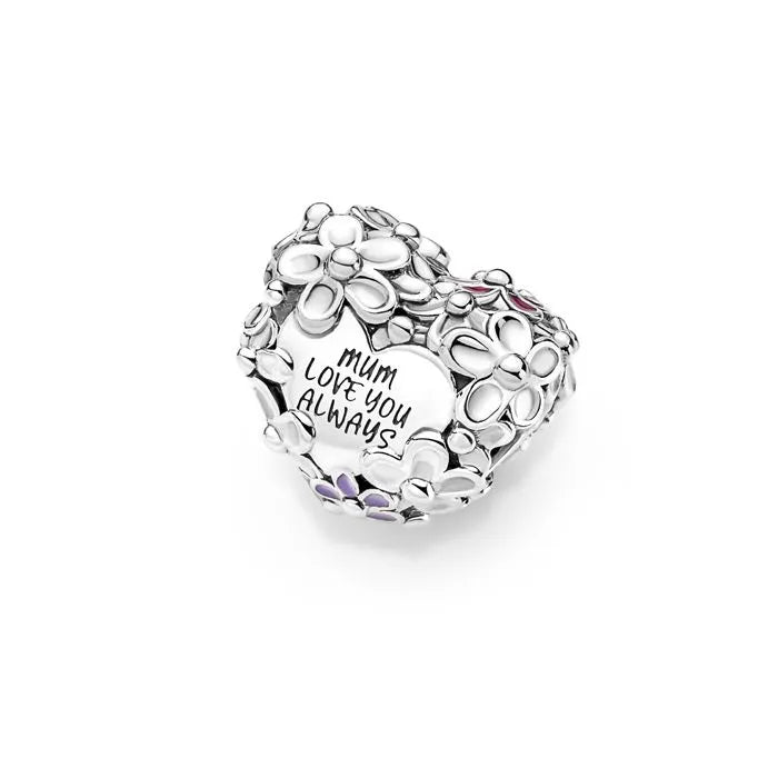 Heart charm with daisy design for mom, adds a touch of elegance and love to charm bracelets