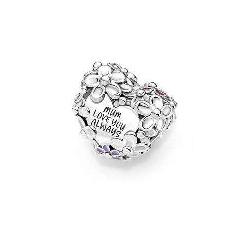 Heart charm with daisy design for mom, adds a touch of elegance and love to charm bracelets
