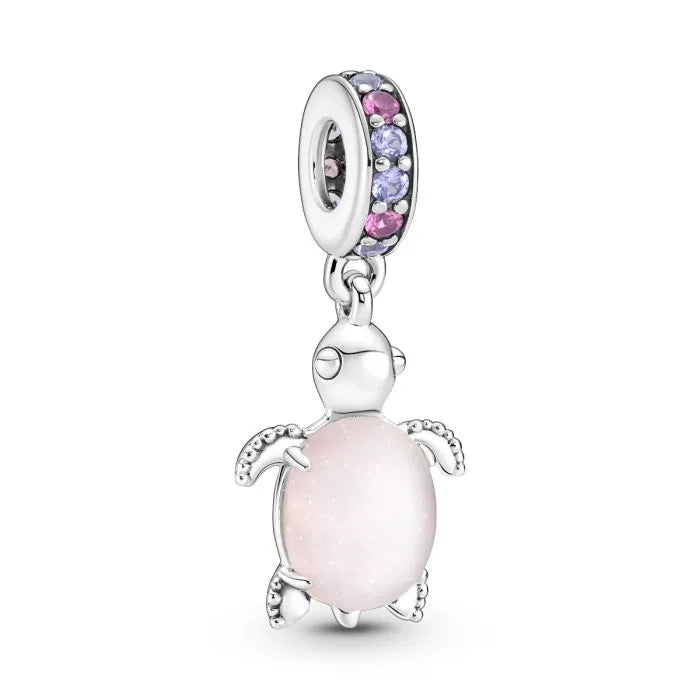 Pink Murano glass sea turtle dangle charm, a charming addition compatible with bracelets