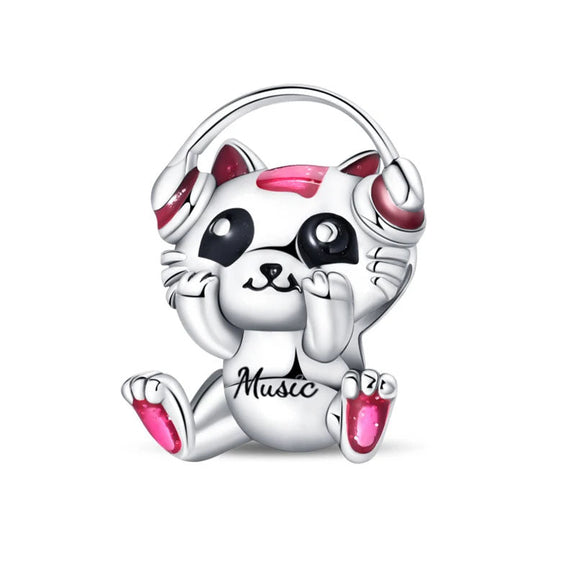 Music Cat Charm with Headphones and Playful Pink Enamel Design - Music cat charm with headphones and pink enamel, perfect for music lovers.