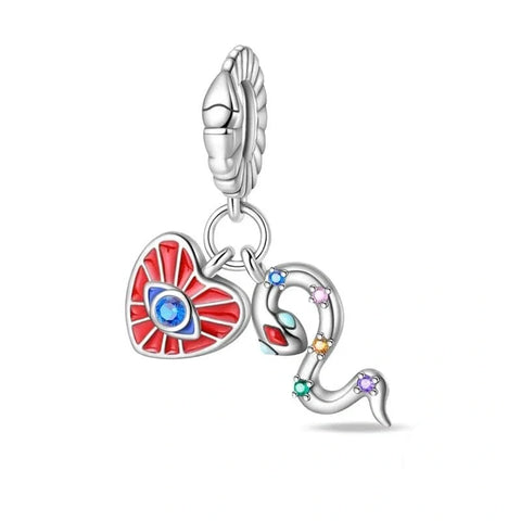 Mystic Heart & Serpent Double Dangle Charm - jewlouli mystic heart serpent double dangle pandora charm jewelry fits pandora bracelet