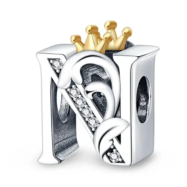 N Silver charm letter with gold Crown for pandora bracelets