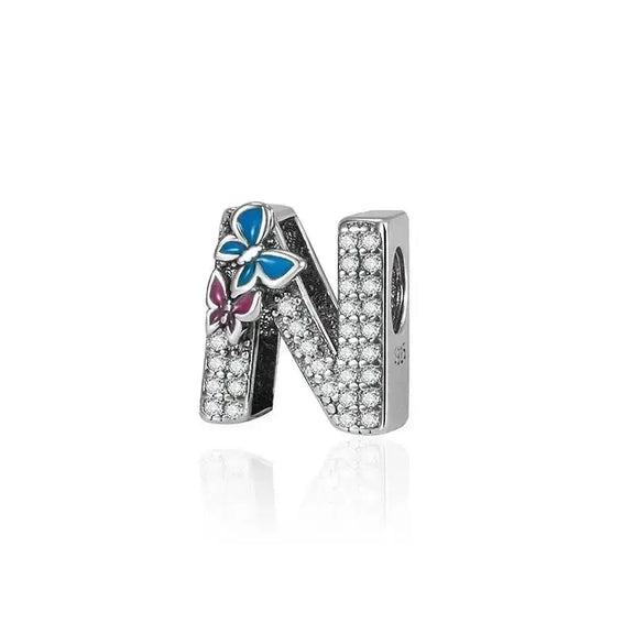 butterfly silver letter N charm - butterfly with Letter N Charm