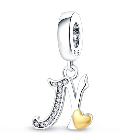 Silver letter N charm Gold heart