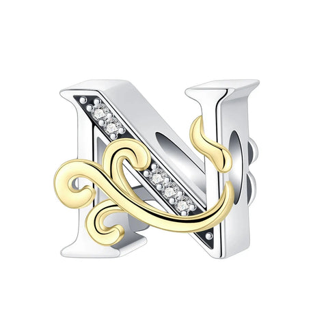Dual-Tone Gold and Silver N Letter Charm with Crystal Accents - Dual-Tone Gold and Silver N Letter Charm with Crystal Accents