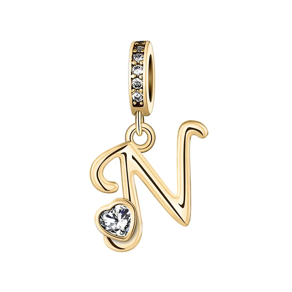 Gold N Letter Charm with pendant crystal Heart