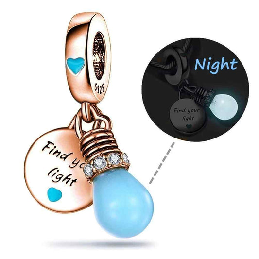 Night glow light bulb charm with 'Find Your Light' inscription and CZ accents
