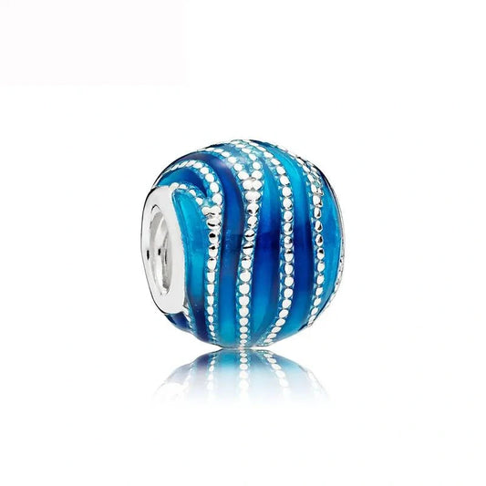 Ocean Blue Enamel Charm with Sterling Silver Wave Accents
