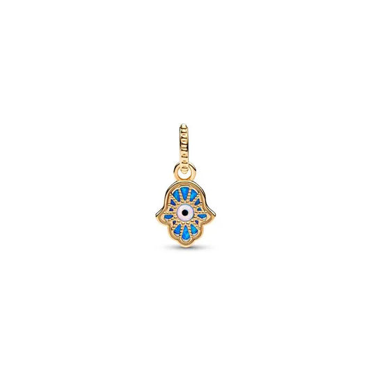 Opalescent blue Hamsa hand dangle charm in Pandora Shine, symbolizes protection and peace