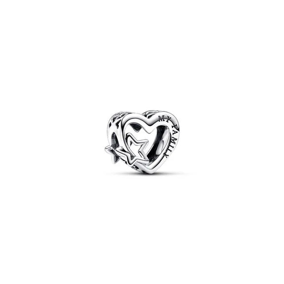 Openwork Family Heart & Star Charm - Family-themed openwork heart and star charm, brings love and unity to charm bracelets