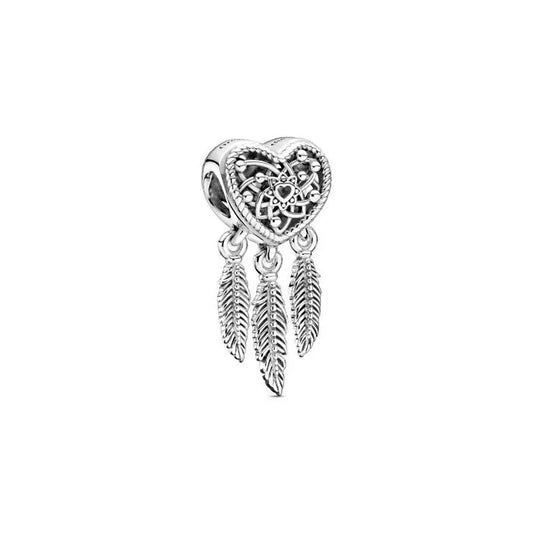 Openwork Heart Three Feathers Dreamcatcher Charm - Dreamcatcher charm with three feathers, symbolizing protection and dreams.