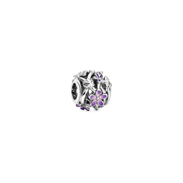 Openwork charm featuring purple daisies, brings a whimsical floral design to charm bracelets