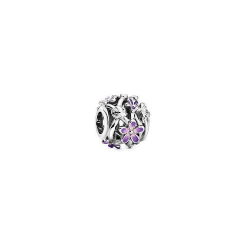 Openwork charm featuring purple daisies, brings a whimsical floral design to charm bracelets